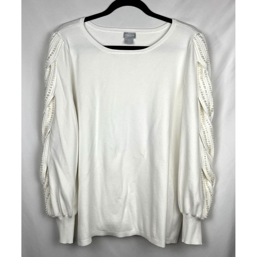 Chico's Pearl Braided Long Sleeve Sweater Ivory Rayon Blend Women Size 3 XL